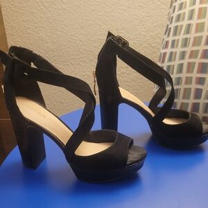 Limelight Black Crisscross Platform Block Heels